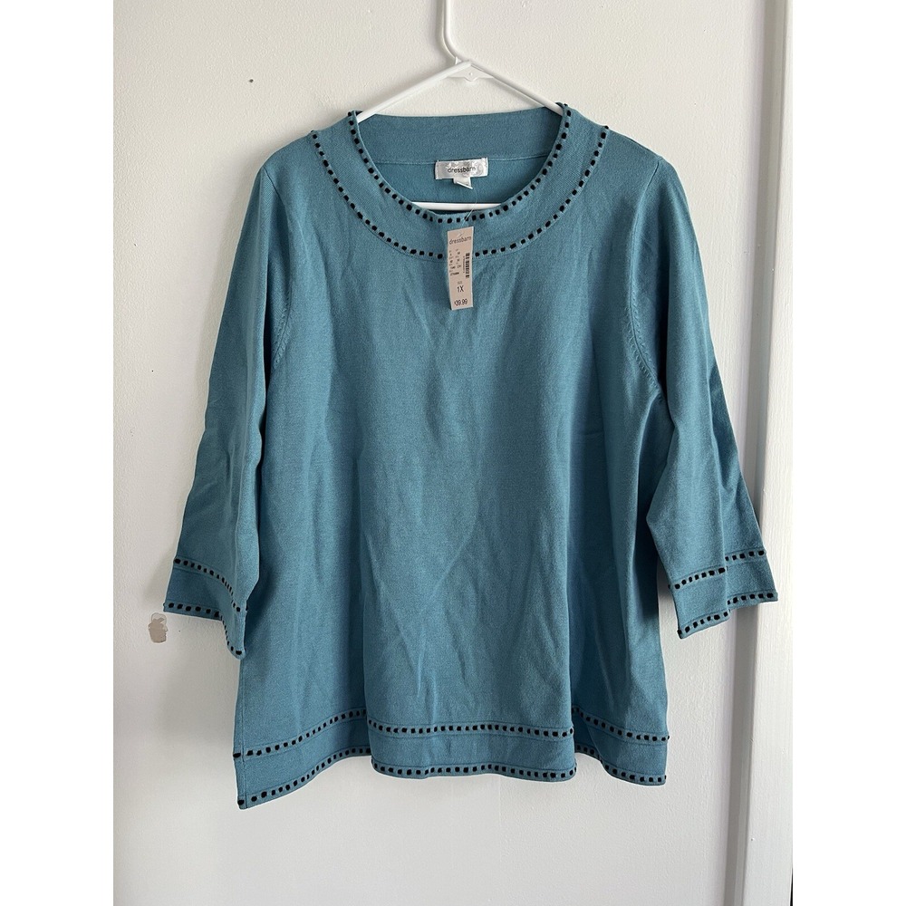 Dressbarn Teal Square Neck‎ Sweater Top Women's Fashion 14/16 1X Black Stitching